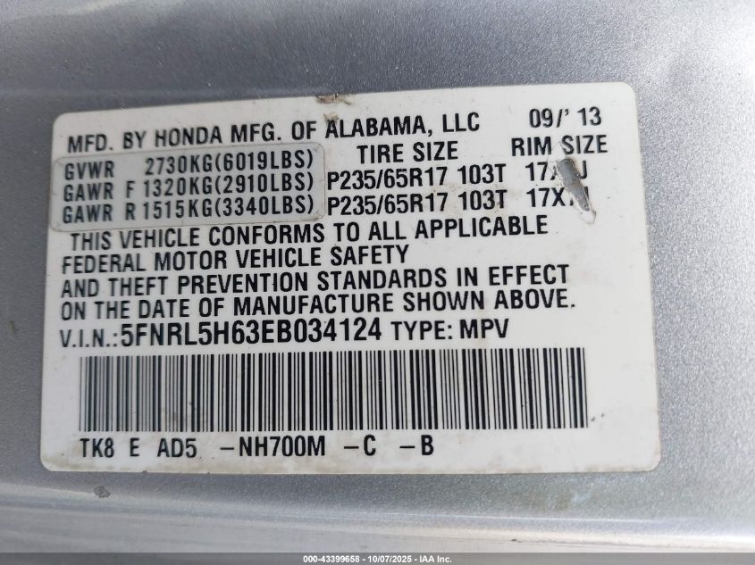 2014 Honda Odyssey Ex-L VIN: 5FNRL5H63EB034124 Lot: 43399658