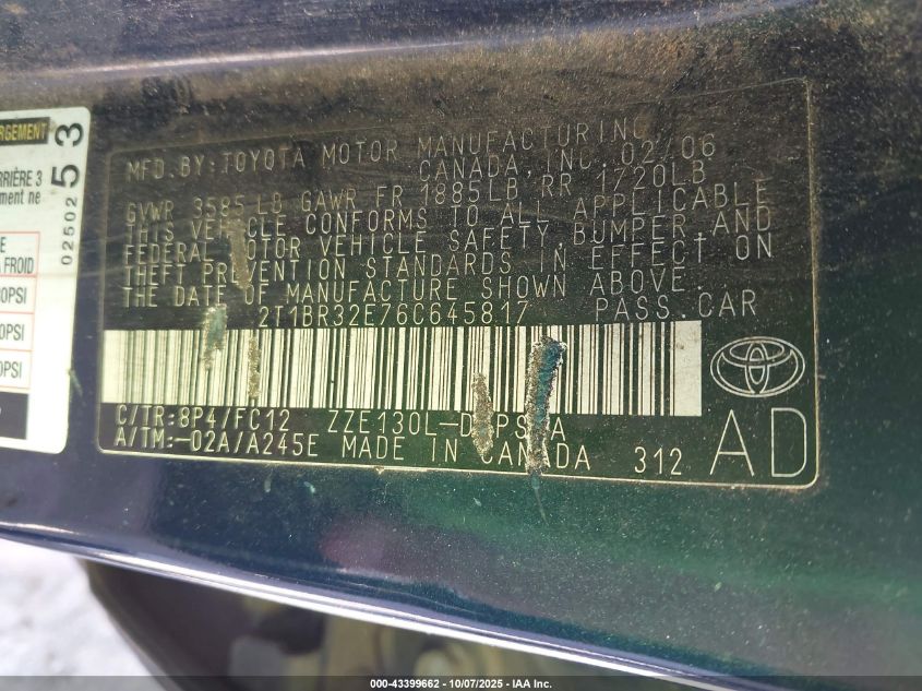 2006 Toyota Corolla S VIN: 2T1BR32E76C645817 Lot: 43399662