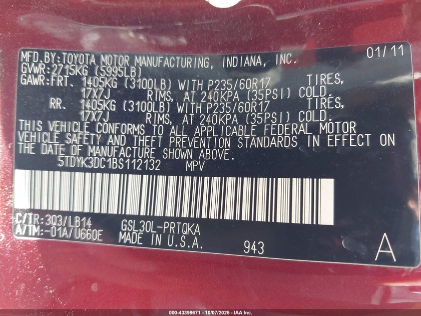 2011 Toyota Sienna Xle V6 VIN: 5TDYK3DC1BS112132 Lot: 41376800