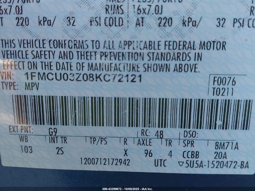 2008 Ford Escape Xlt VIN: 1FMCU03Z08KC72121 Lot: 43399672