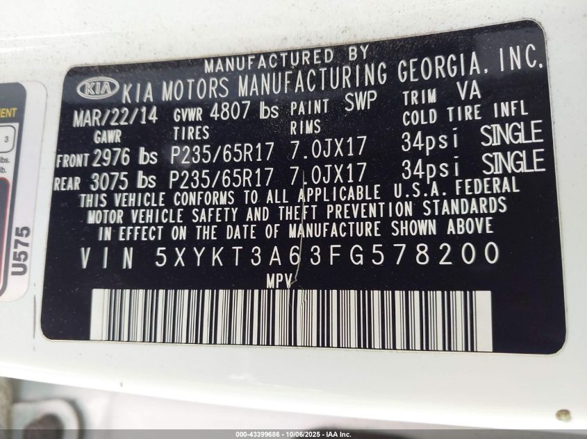 2015 Kia Sorento Lx VIN: 5XYKT3A63FG578200 Lot: 43399686