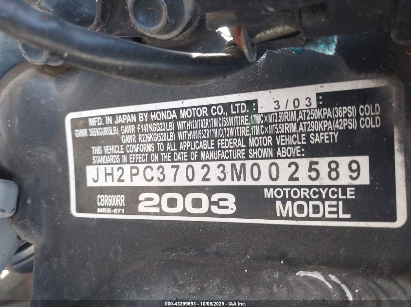 2003 Honda Cbr600 Rr VIN: JH2PC37023M002589 Lot: 43399693