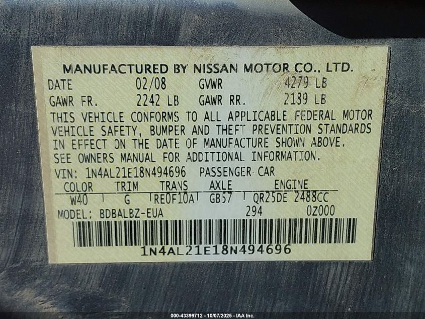 2008 Nissan Altima 2.5 S VIN: 1N4AL21E18N494696 Lot: 43399712