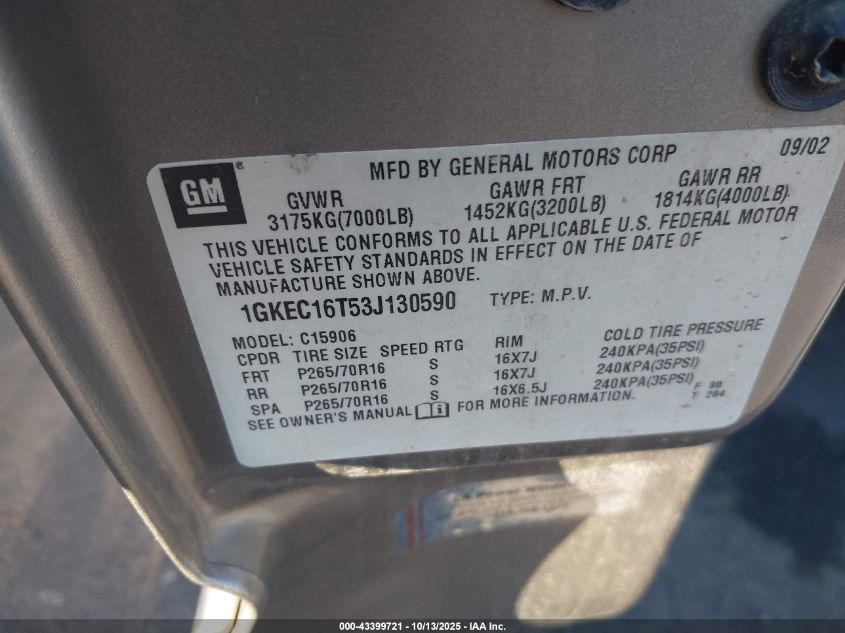 2003 GMC Yukon Xl 1500 Slt VIN: 1GKEC16T53J130590 Lot: 43399721