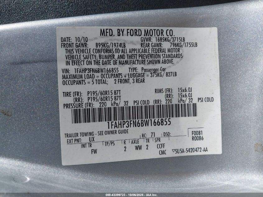 2011 Ford Focus Se VIN: 1FAHP3FN6BW166855 Lot: 43399723