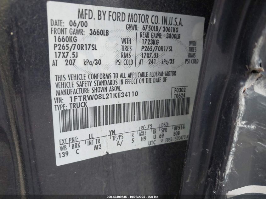 2001 Ford F-150 King Ranch Edition/Lariat/Xlt VIN: 1FTRW08L21KE34110 Lot: 43399735