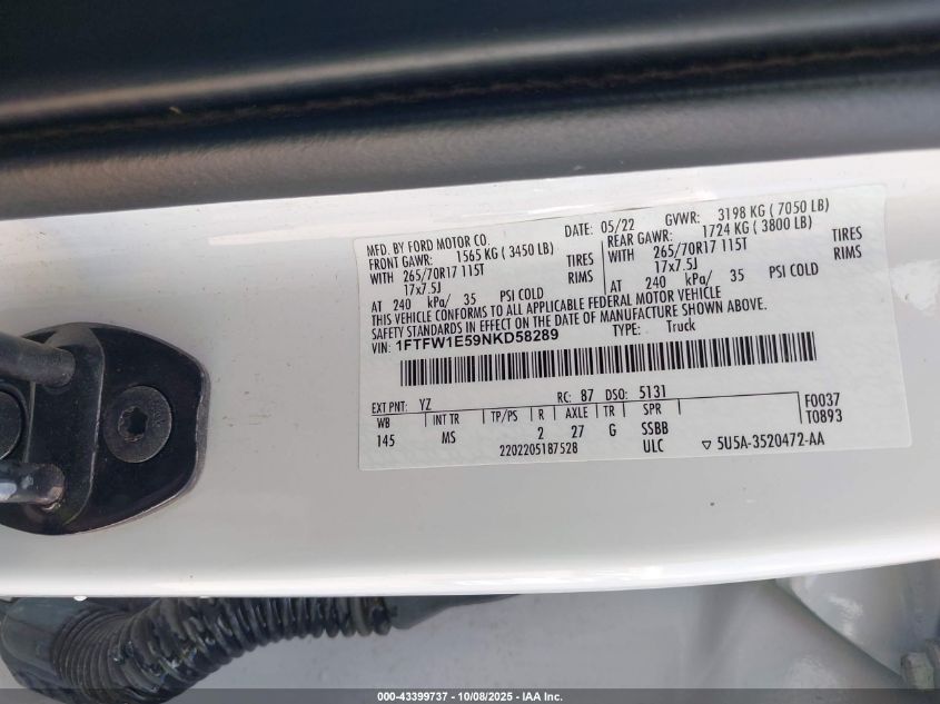 2022 Ford F-150 Xlt VIN: 1FTFW1E59NKD58289 Lot: 43399737