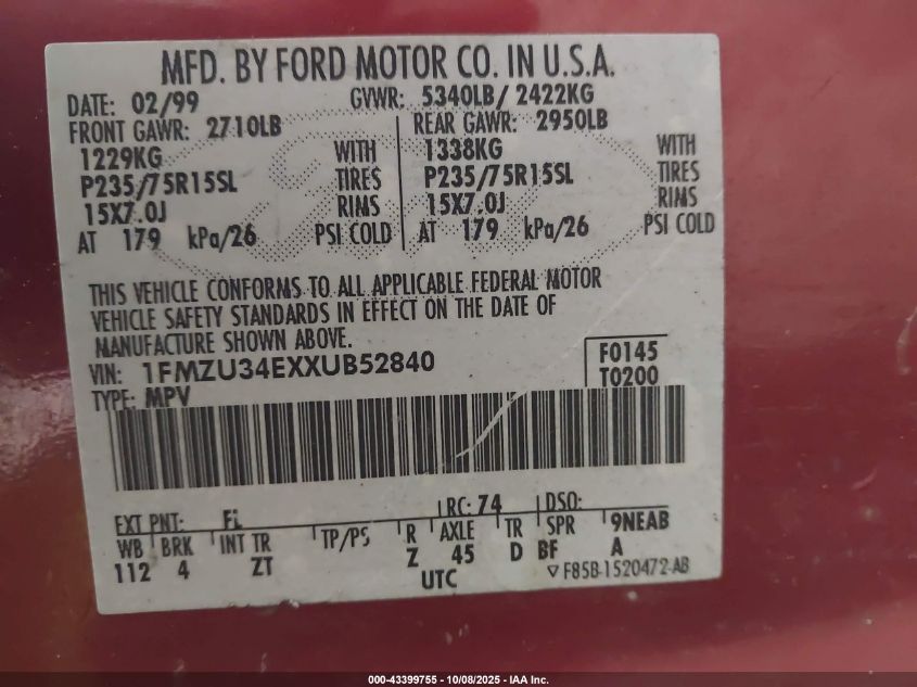 1999 Ford Explorer Eddie Bauer/Limited/Xlt VIN: 1FMZU34EXXUB52840 Lot: 43399755