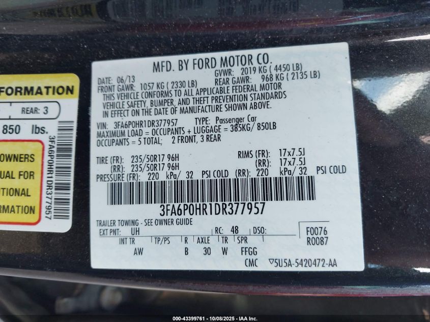 2013 Ford Fusion Se VIN: 3FA6P0HR1DR377957 Lot: 43399761