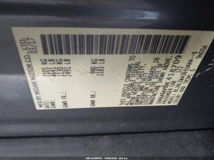 2017 Nissan Maxima 3.5 Sr VIN: 1N4AA6AP8HC418709 Lot: 43399763