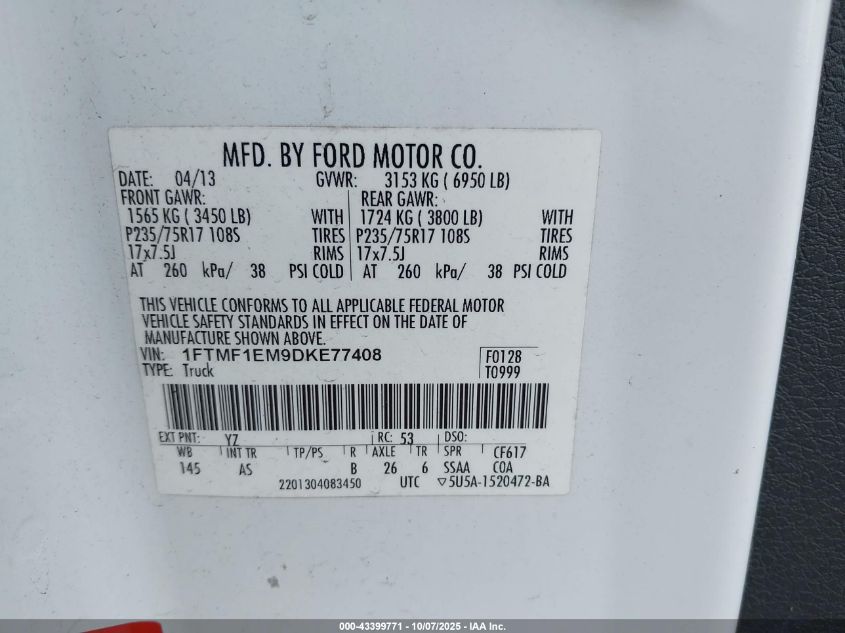 2013 Ford F-150 Xl VIN: 1FTMF1EM9DKE77408 Lot: 43399771