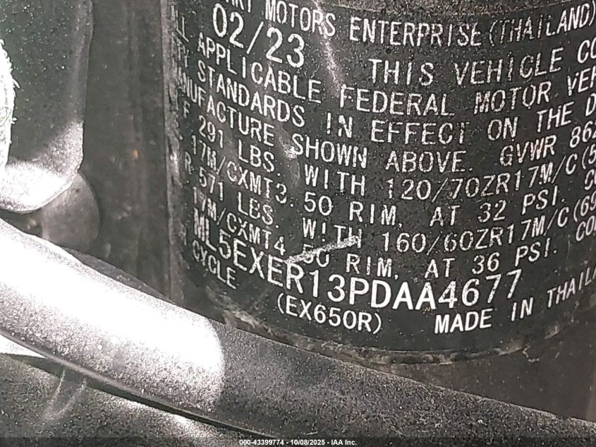 2023 Kawasaki Ex650 R VIN: ML5EXER13PDAA4677 Lot: 43399774