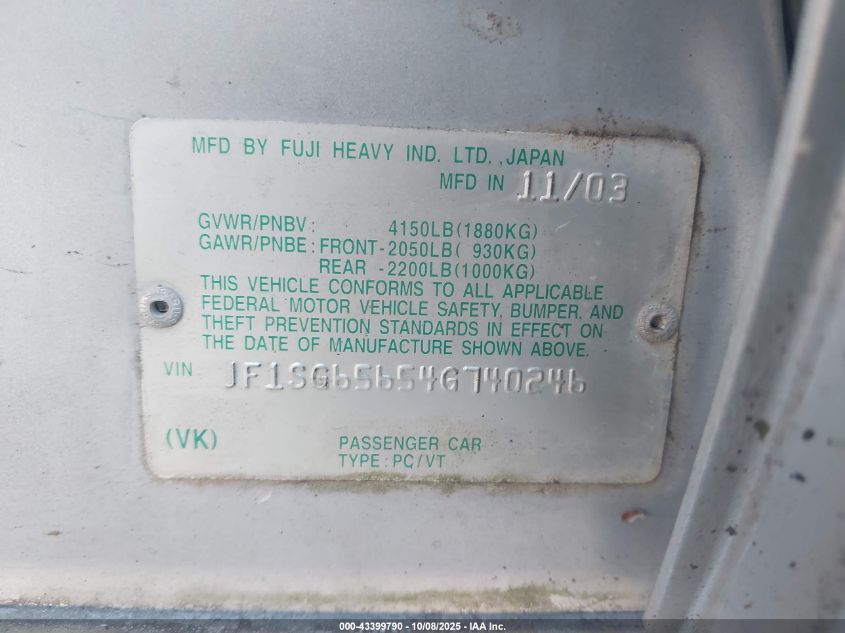 2004 Subaru Forester 2.5Xs VIN: JF1SG65654G740246 Lot: 43399790