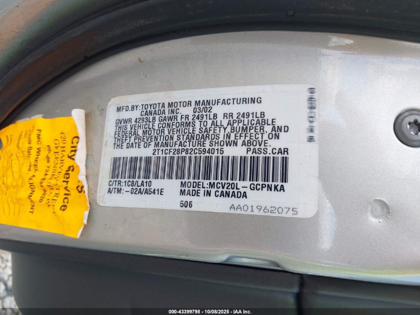 2002 Toyota Camry Solara Sle V6 VIN: 2T1CF28P82C594015 Lot: 43399798