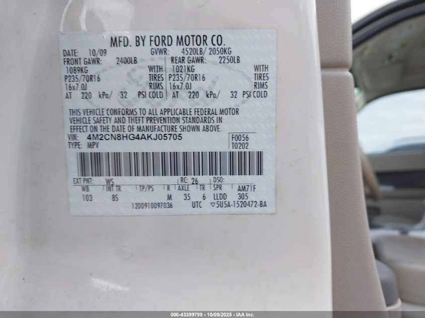 2010 Mercury Mariner Premier VIN: 4M2CN8HG4AKJ05705 Lot: 43399799