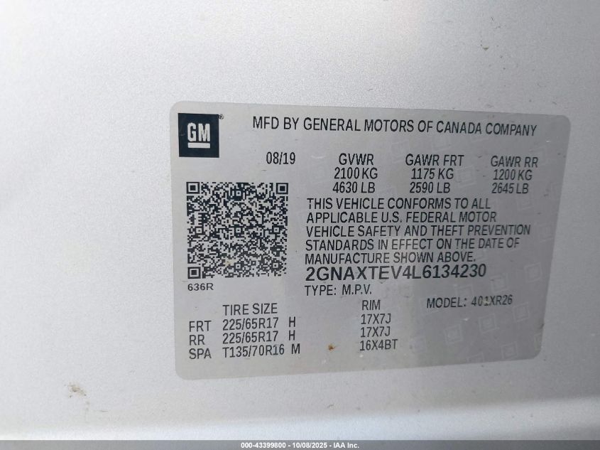 2020 Chevrolet Equinox Awd 2Fl VIN: 2GNAXTEV4L6134230 Lot: 43399800