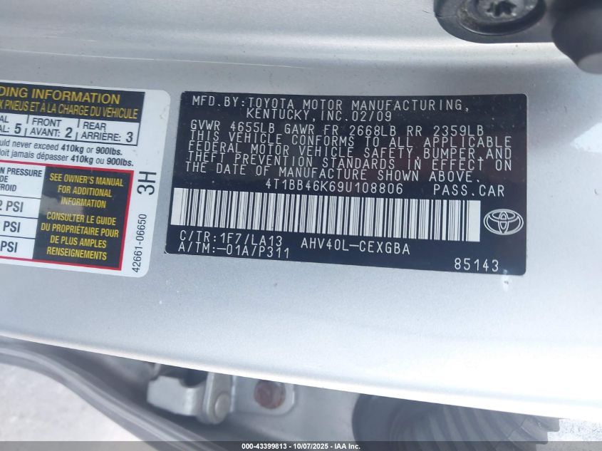 2009 Toyota Camry Hybrid VIN: 4T1BB46K69U108806 Lot: 43399813