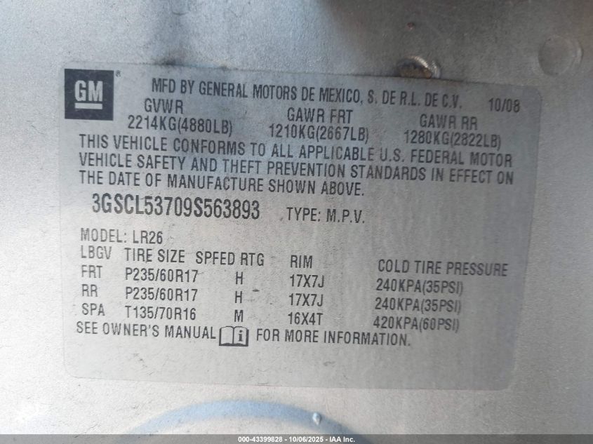 2009 Saturn Vue V6 Xr VIN: 3GSCL53709S563893 Lot: 43399828