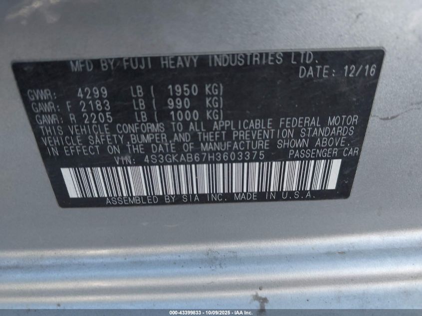 2017 Subaru Impreza 2.0I Premium VIN: 4S3GKAB67H3603375 Lot: 43399833