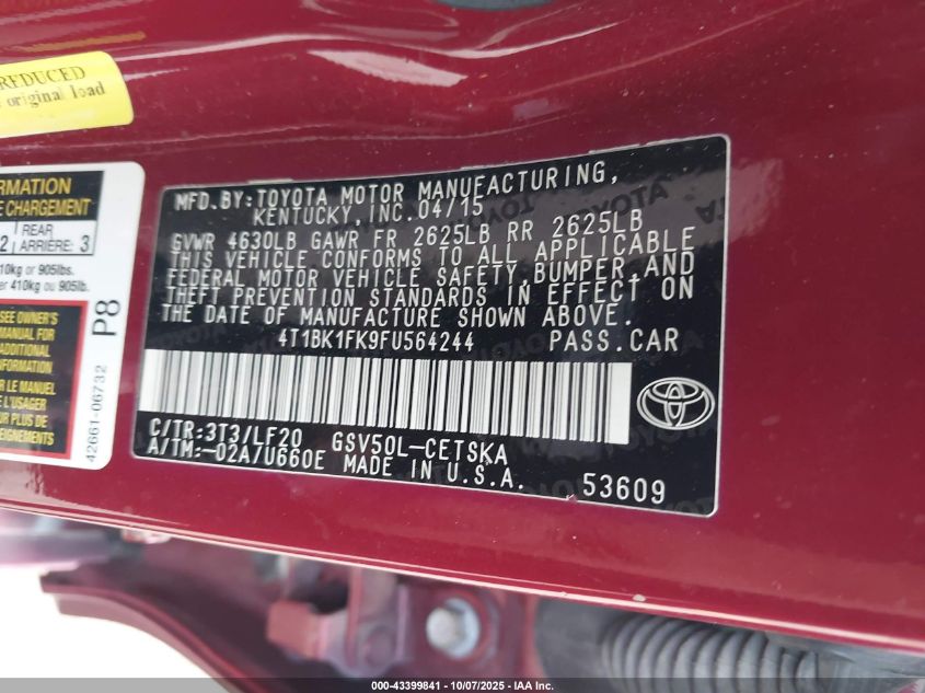 2015 Toyota Camry Xse V6 VIN: 4T1BK1FK9FU564244 Lot: 43399841