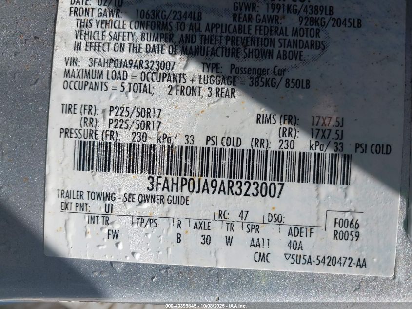 2010 Ford Fusion Sel VIN: 3FAHP0JA9AR323007 Lot: 43399845