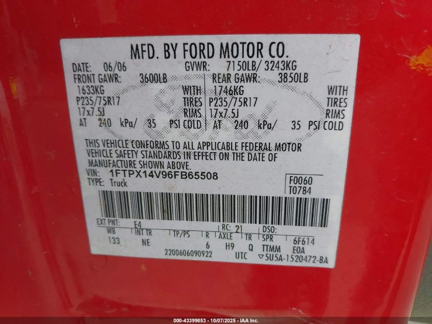 2006 Ford F-150 Fx4/Lariat/Xl/Xlt VIN: 1FTPX14V96FB65508 Lot: 43399853