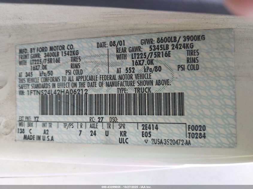 2002 Ford E-250 Commercial/Recreational VIN: 1FTNS24L42HA06212 Lot: 43399855