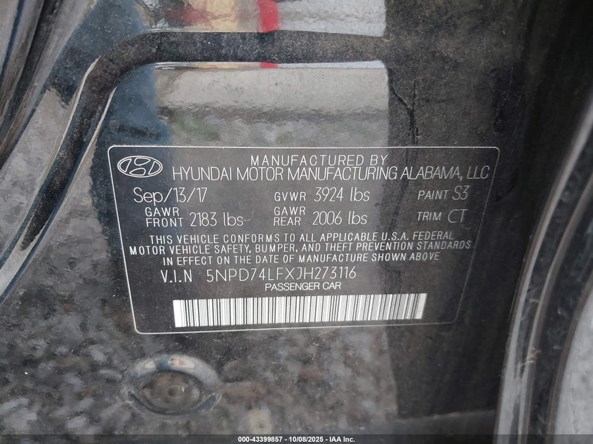 2018 Hyundai Elantra Se VIN: 5NPD74LFXJH273116 Lot: 43399857