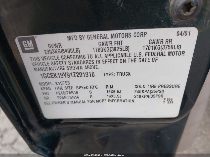 2001 Chevrolet Silverado 1500 VIN: 1GCEK19V91Z291910 Lot: 43399859