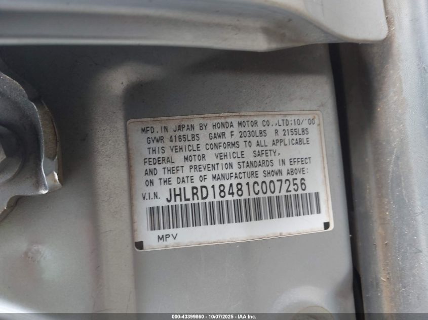 2001 Honda Cr-V Lx VIN: JHLRD18481C007256 Lot: 43399860