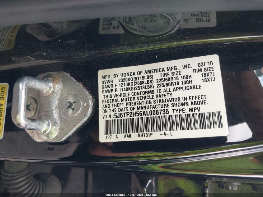 2010 Honda Accord Crosstour Ex-L VIN: 5J6TF2H56AL008735 Lot: 43399867