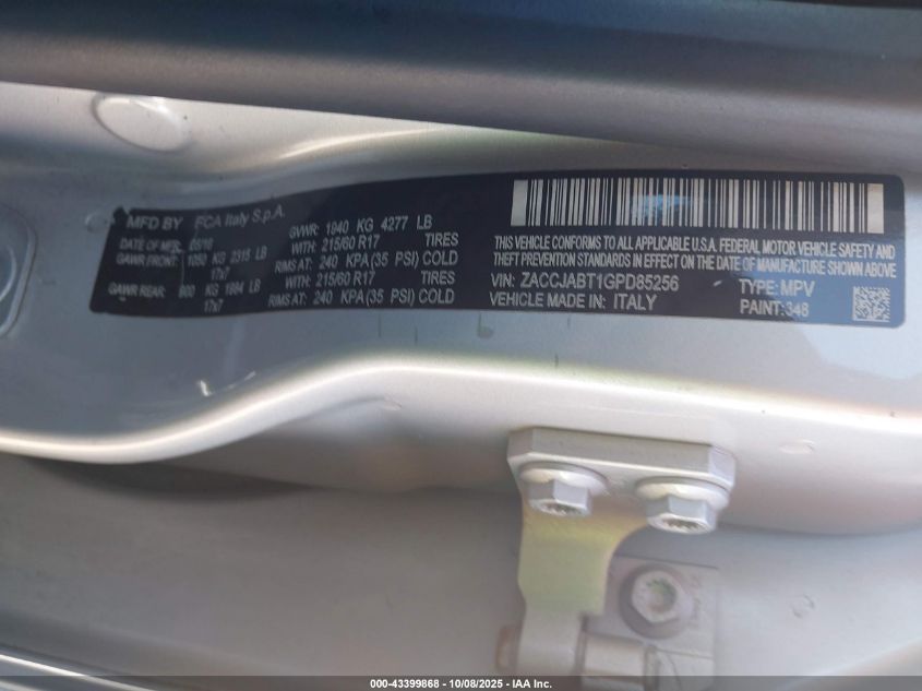 2016 Jeep Renegade Latitude VIN: ZACCJABT1GPD85256 Lot: 43399868