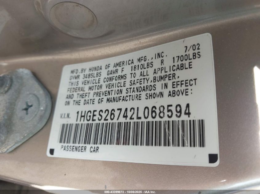 2002 Honda Civic Ex VIN: 1HGES26742L068594 Lot: 43399873