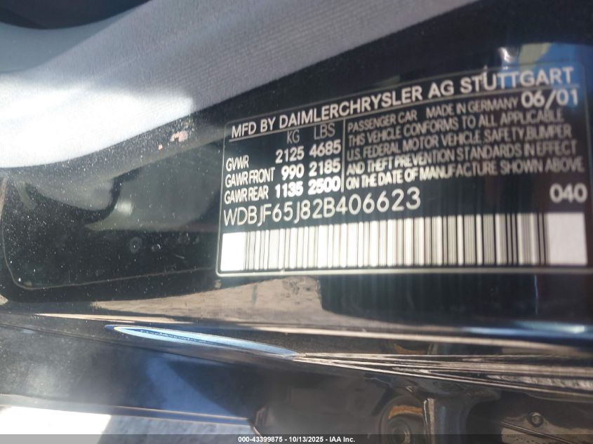 2002 Mercedes-Benz E 320 Special Edition VIN: WDBJF65J82B406623 Lot: 43399875