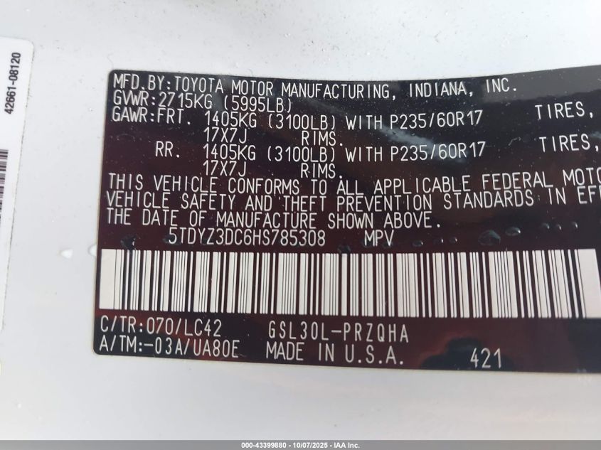 2017 Toyota Sienna Xle Premium 8 Passenger VIN: 5TDYZ3DC6HS785308 Lot: 43399880