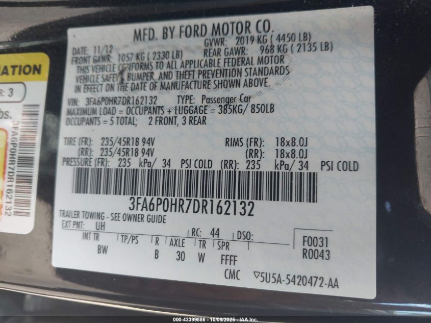 2013 Ford Fusion Se VIN: 3FA6P0HR7DR162132 Lot: 43399886