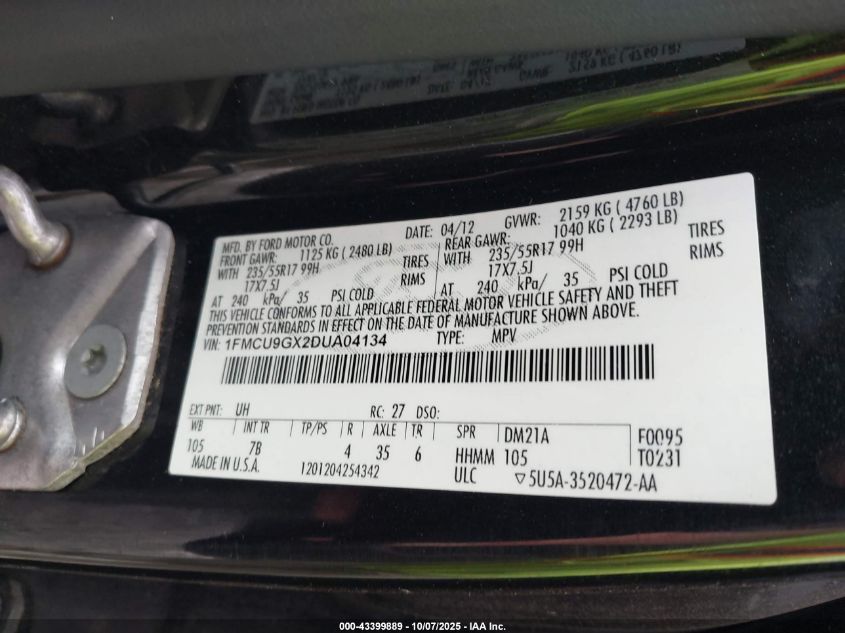 2013 Ford Escape Se VIN: 1FMCU9GX2DUA04134 Lot: 43399889