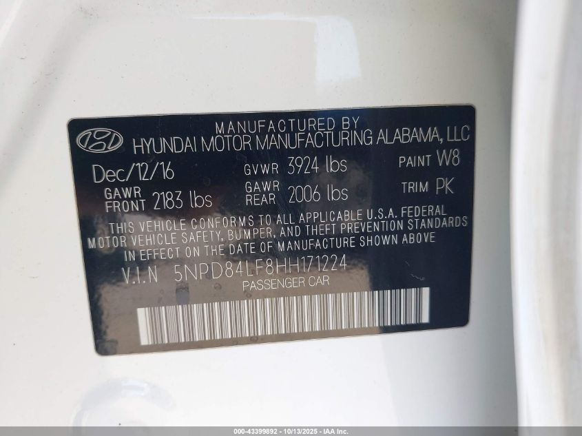 2017 Hyundai Elantra Se VIN: 5NPD84LF8HH171224 Lot: 43399892