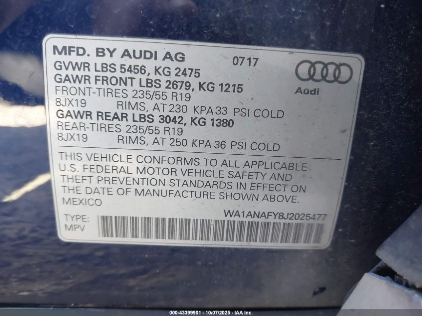 2018 Audi Q5 2.0T Premium/2.0T Tech Premium VIN: WA1ANAFY8J2025477 Lot: 43399901