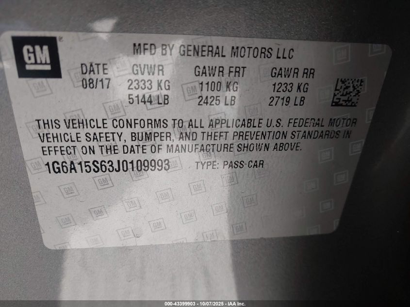 2018 Cadillac Cts-V VIN: 1G6A15S63J0109993 Lot: 43399903