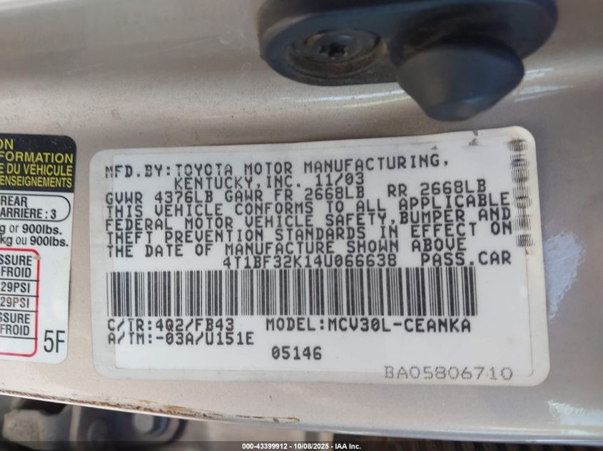 2004 Toyota Camry Le V6 VIN: 4T1BF32K14U066638 Lot: 43399912