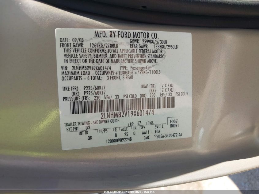 2009 Lincoln Town Car Signature Limited VIN: 2LNHM82V19X601474 Lot: 43399918