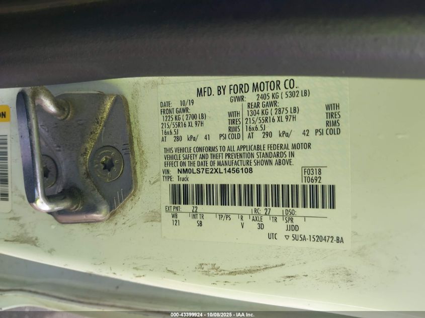 2020 Ford Transit Connect Xl VIN: NM0LS7E2XL1456108 Lot: 43399924