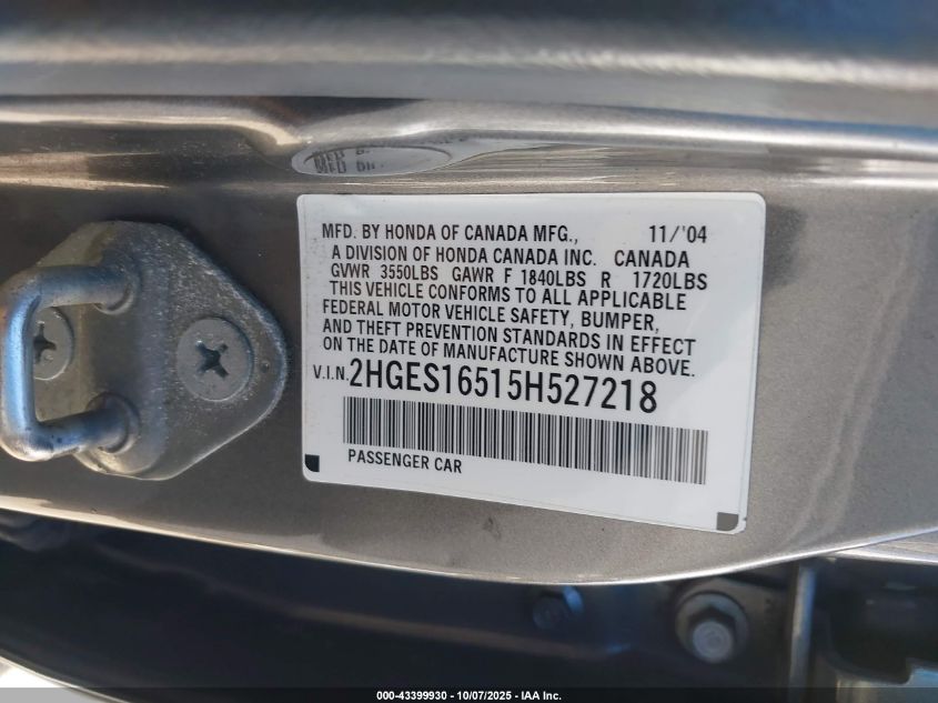 2005 Honda Civic Lx VIN: 2HGES16515H527218 Lot: 43399930