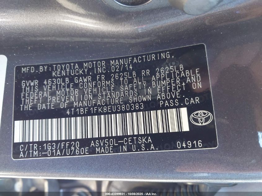 2014 Toyota Camry Se VIN: 4T1BF1FK8EU380383 Lot: 43399931