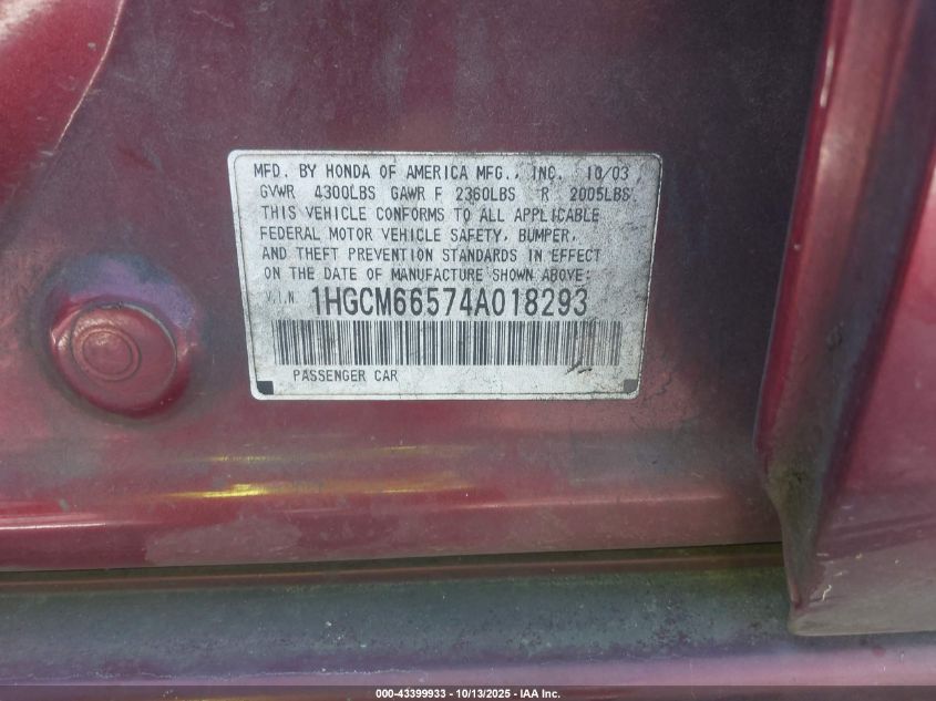 2004 Honda Accord 3.0 Ex VIN: 1HGCM66574A018293 Lot: 43399933