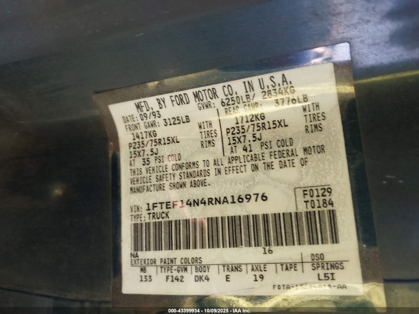 1994 Ford F150 VIN: 1FTEF14N4RNA16976 Lot: 43399934