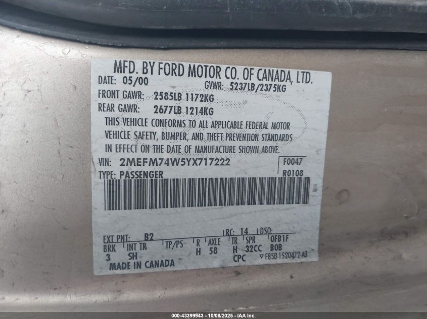 2000 Mercury Grand Marquis Gs VIN: 2MEFM74W5YX717222 Lot: 43399943