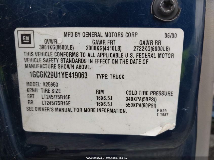 2000 Chevrolet Silverado 2500 Ls VIN: 1GCGK29U1YE419063 Lot: 43399944