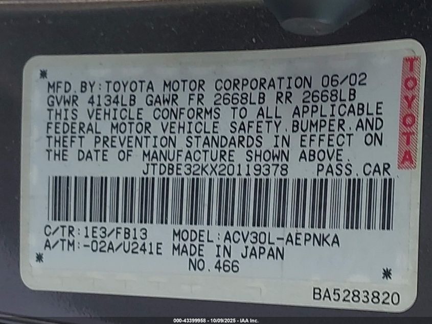 2002 Toyota Camry Le VIN: JTDBE32KX20119378 Lot: 43399958